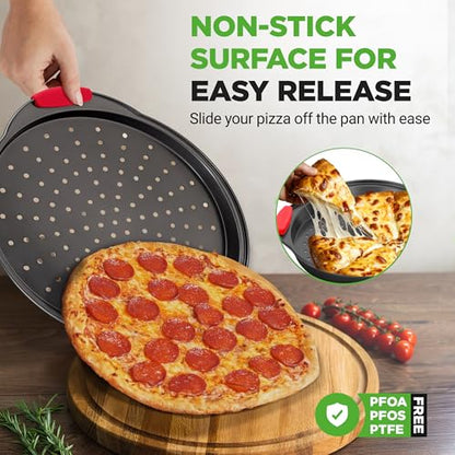 NutriChef 13-Inch Nonstick Pizza Tray - Round Carbon Steel Non-Stick Pizza Pan with Perforated Holes, Premium Bakeware Pizza Screen with Silicone Grip Handles, Dishwasher Safe - NCBPIZ1