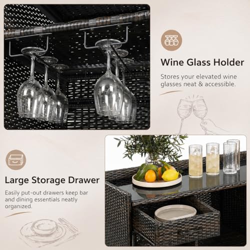 LUMISOL Outdoor Wicker Storage Cabinet with Fridge Space, Patio Bar Table with Adjustable Shelves & Drawers, Outdoor Mini Fridge Bar Cabinet for Pool Garden Kitchen, Black+Brown