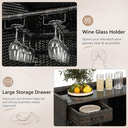 LUMISOL Outdoor Wicker Storage Cabinet with Fridge Space, Patio Bar Table with Adjustable Shelves & Drawers, Outdoor Mini Fridge Bar Cabinet for Pool Garden Kitchen, Black+Brown