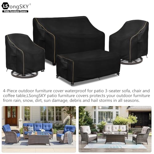 Patio Furniture Covers 4 Piece Set, 600D Heavy Duty Outdoor Furniture Covers Waterproof for Patio 3-Seater Sofa,Swivel Rocker Chair and Coffee Table Furniture Set,Black,XX-Large
