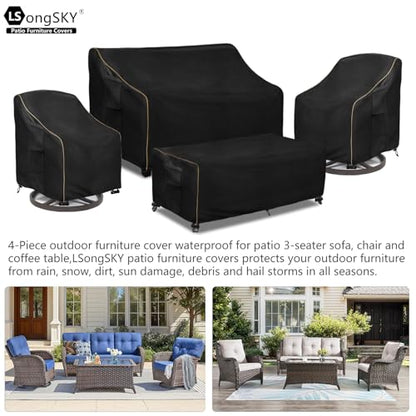 Patio Furniture Covers 4 Piece Set, 600D Heavy Duty Outdoor Furniture Covers Waterproof for Patio 3-Seater Sofa,Swivel Rocker Chair and Coffee Table Furniture Set,Black,XX-Large