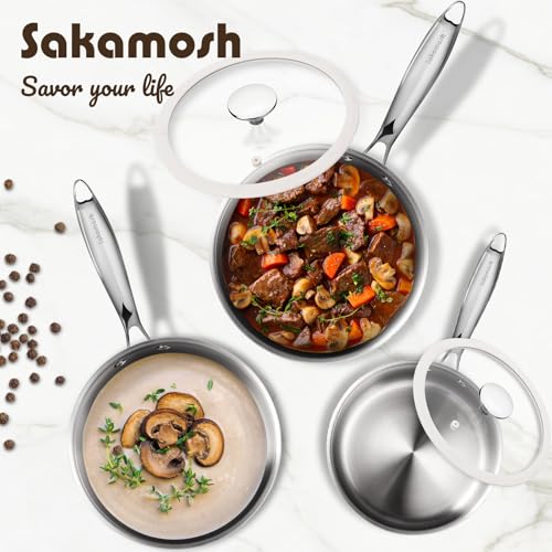 SAKAMOSH 3 Quart Tri-ply Stainless Steel Saucepan with Glass Lid, Induction Sauce Pan Compatible with All Cooktops, Non-Toxic Sauce Pot with Stay Cool Handle, Oven & Dishwasher Safe