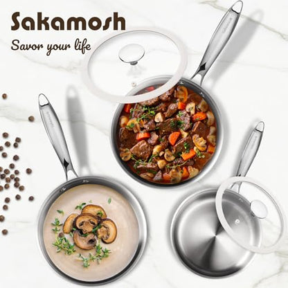 SAKAMOSH 3 Quart Tri-ply Stainless Steel Saucepan with Glass Lid, Induction Sauce Pan Compatible with All Cooktops, Non-Toxic Sauce Pot with Stay Cool Handle, Oven & Dishwasher Safe