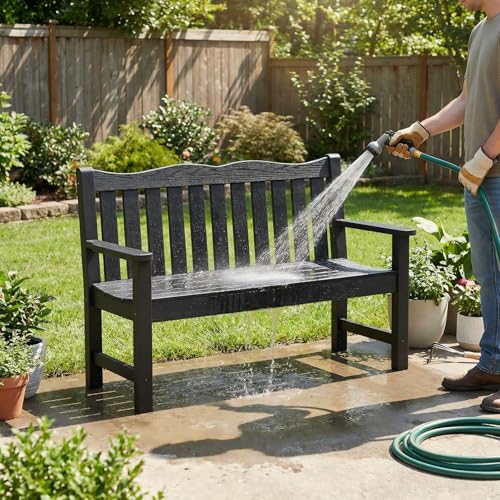 Stoog All-Weather 2-Person Outdoor Bench, 800 lbs Capacity HIPS Plastic Garden Bench for Patio, Backyard, Porch and Park, Never Fades & Rust-Proof, Black