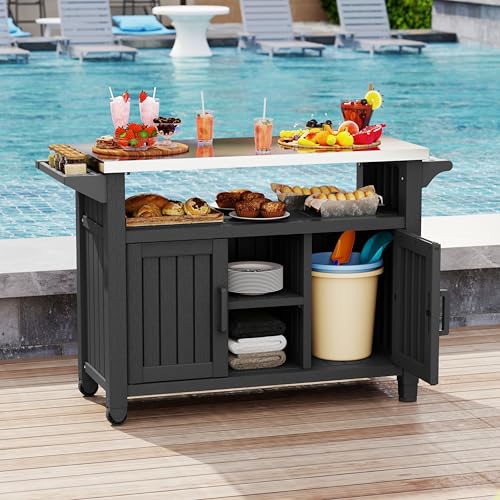 Bifanuo Resin Outdoor Grill Cart, Outdoor Kitchen Island with Stainless Steel Top & Storage Cabinet for Kitchen Prep, Weatherproof Grill Table for BBQ Food Prep, Black