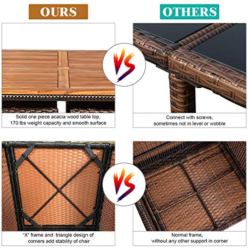 Tangkula 9 Pieces Acacia Wood Patio Dining Set, Space Saving Wicker Chairs and Wood Table with Umbrella Hole Outdoor Furniture Set, Suitable for Garden, Yard, Poolside, Outdoor Seating Set