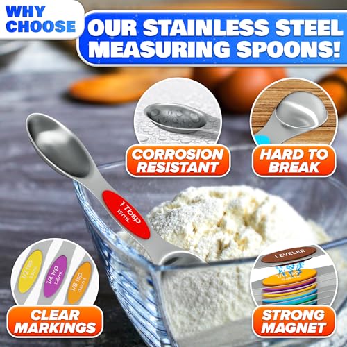 8 Pcs Magnetic Measuring Spoons Set Stainless Steel – Magnet Measuring Spoons 1/8 Tsp–1 Tbsp with Dual-Sided Design – Fits Narrow Spice Jars | Dry & Liquid Ingredients | Kitchen Ladle Gift Ideas