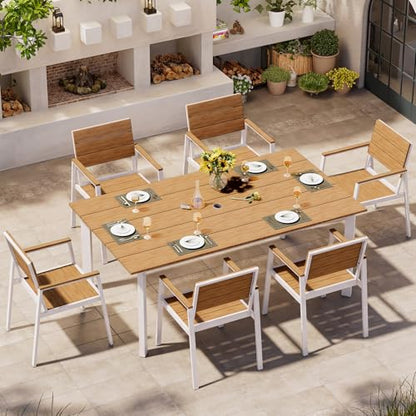 Oasbira Outdoor Dining Set for 6, Patio Table and Chairs Set with Umbrella Hole, 7 Pieces HDPS + Aluminum Outdoor Furniture Sets for Patio, Garden (White & Teak)