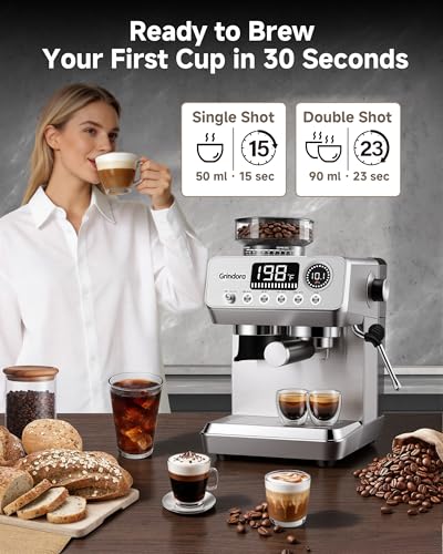Espresso Machine with Grinder, 20 Bar Stainless Steel Espresso Coffee Machine, 44 Grind Settings, 0.1s Precision Timer, PID Control, Milk Frother for Latte, Cappuccino, Americano & Cold Brew