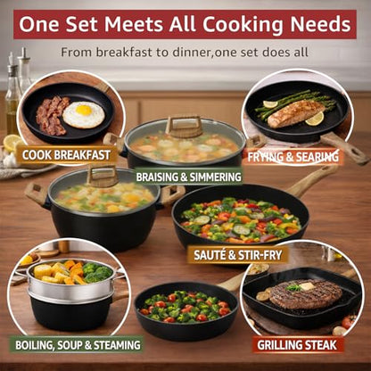 Bazova 23-Piece Pots and Pans Set Non Stick,Titanium Ceramic Cookware Set Non Toxic,Long-Lasting,PFAS Free,Induction Compatible,Complete Kitchen Set with 3 Frying Pans for All Cooking needs