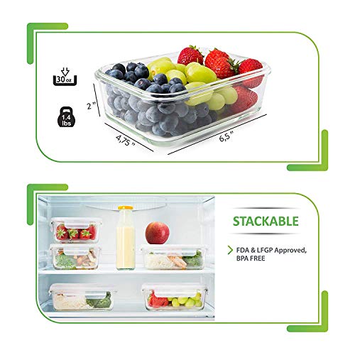 PrepNaturals 5 Pack 30 Oz Glass Meal Prep Containers - Dishwasher Microwave Freezer Oven Safe - Glass Storage Containers with Lids (Multi-Compartment)