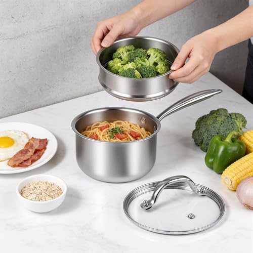 Ohtomber Tri-Ply Steamer for Cooking - Stainless Steel 3 Qt Saucepan with Lid, Medium Kitchen Induction Cooking Pot with Vegetable Food Steamer Basket, Non Stick Sauce Pan with Stay-Cool Handle