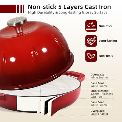Davivy Enameled Cast Iron Sourdough Dutch Oven, 5QT Dutch Oven for Sourdough Bread, Round Cast Iron Bread Pan Bread Cloche - Cherry Red