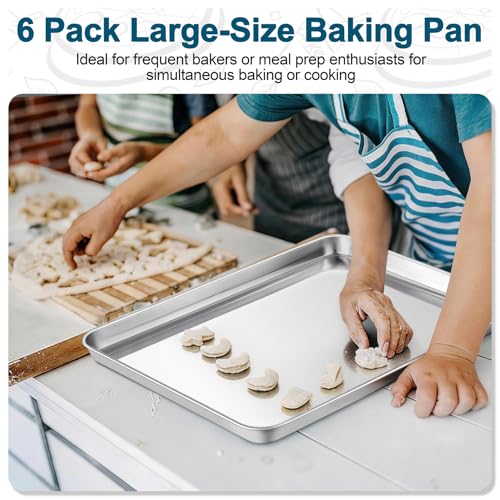 TeamFar Baking Sheet Pan, 6 Pack Stainless Steel Half Size Baking Pans Set, Metal Large Cookie Sheets for Baking/Roasting/Serving, Non-Toxic & Heavy Duty, Dishwasher Safe, 17.6” x 13” x 1”