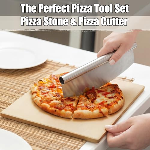 Acellegic Pizza Stones 3 Pcs Set 15 x 12 Inch Large Cordierite Stone Set for Oven and Grill with Pizza Peel, Stainless Steel Cutter Rocker for Baking, Bread, BBQ(Rectangle)