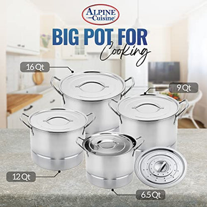 Alpine Cuisine 12-Piece Stainless Steel Stock Pot and Steamer Set – Large Cooking Pots with Lids For Soup, Boiling, Canning, Steaming, Tamales 6.5/9.5/12/16 Quart