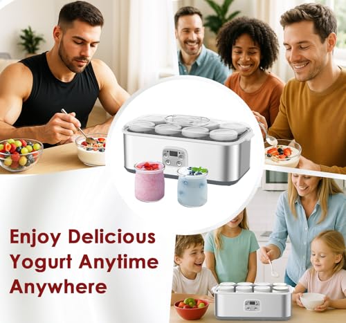 Suteck Yogurt Maker with 8 Glass Jars – Time & Temp Adjustable, Homemade Greek & Probiotic Yogurt, Automatic Shut-Off, BPA-Free, Total 48 oz, White