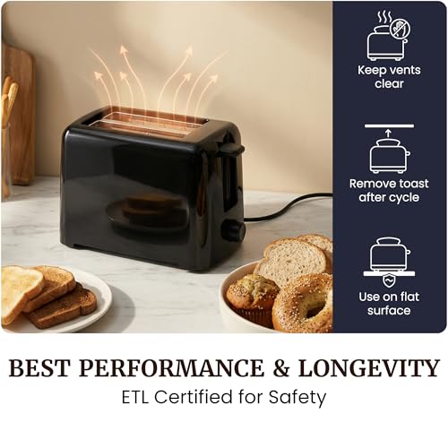 Elite Gourmet 2-Slice Cool Touch Toaster – 6 Browning Levels, Extra Wide 1.25” Slots for Bagels & Thick Bread, Cancel Function, Compact, ETL Certified, Black