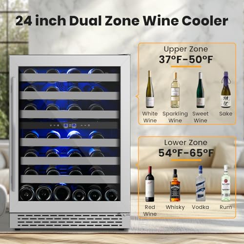 24 Inch Wine Cooler & Fridge Under Counter,54 Bottle Dual Zone Wine Cooler,New Upgrade Compressor,Blue Light Built-in/Freestanding,Reversible Stainless Steel Door Wine Fridge for Home/Kitchen