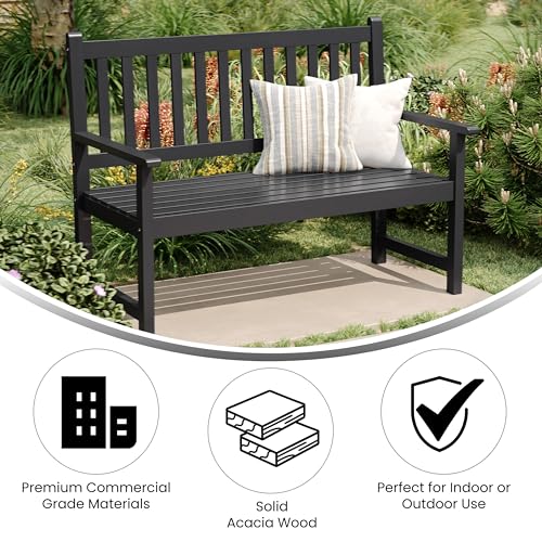 Flash Furniture Adele Commercial Indoor/Outdoor Acacia Wood Bench, 2-Person Slatted Patio Loveseat, for Use in Yard, Garden, Porch, or Park, Black