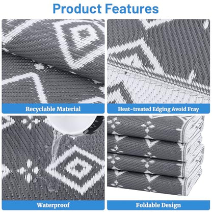 StepRite 5’ x 8’ Reversible Outdoor Rug, Waterproof Plastic Straw Rug, Patio Rug, Large Modern Area Rug Carpet, Indoor Outdoor Rugs for Camping, Porch, Deck, Balcony, Backyard, RV, Picnic(Grey)