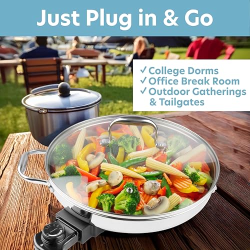 XL Electric 16" Skillet By CucinaPro- 18/10 Stainless Steel Frying Pan with Tempered Glass Lid and Handle, Round with Adjustable Temperature Control Probe, Portable, Includes Recipe Guide, Great Gift
