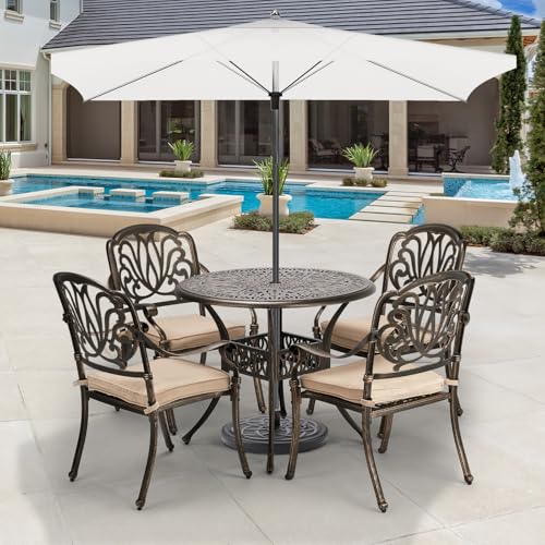 VINGLI 5-Piece Outdoor Patio Dining Set, Cast Aluminum All-Weather Outdoor Table and Chairs w/Cushion, Outdoor Furniture Set w/Umbrella Hole for Backyard Deck Poolside (Round, Elizabeth Back)