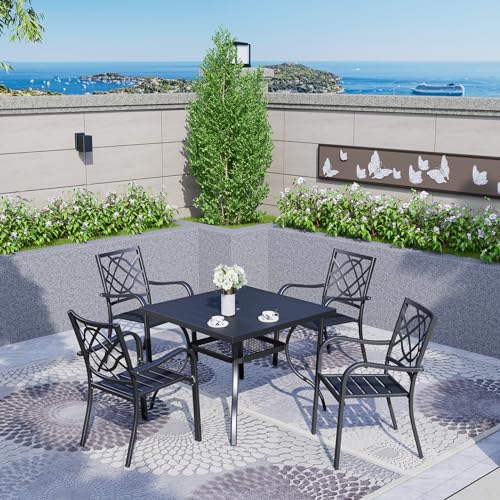 Crownland 5 Piece Patio Dining Set, 4 Stackable Metal Chairs and Square Outdoor Dining Table with 9FT Dark Blue Round Outdoor Umbrella (Metal Tabletop)