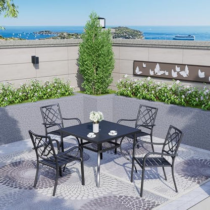 Crownland 5 Piece Patio Dining Set, 4 Stackable Metal Chairs and Square Outdoor Dining Table with 9FT Dark Blue Round Outdoor Umbrella (Metal Tabletop)