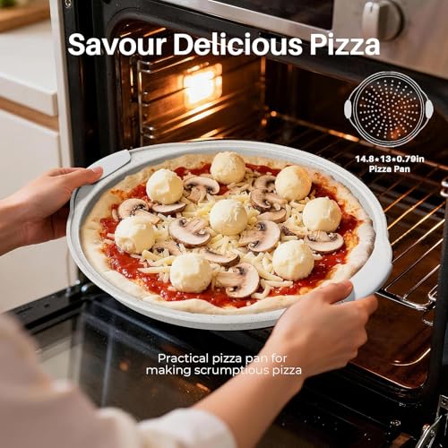 11-Piece Kitchen Nonstick Stackable Bakeware Set, Non Toxic Bakeware Sets with Silicone Handles, Includes Cookie Sheets, Cake Pan, Loaf Pan, Pizza Pan, Muffin Pan, White