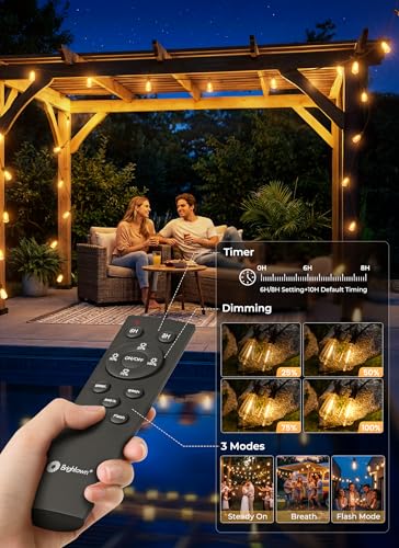 Brightown 52FT Solar String Lights Outdoor Waterproof, Patio Lights with Remote and 15+1 LED Shatterproof Bulbs, Dimmable & Timable, 3 Light Modes, Solar Lights Outdoor for Yard Garden Camping Party