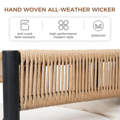 Grand patio 5-Piece Outdoor Dining Set for 4, Metal Woven Wicker Fixed Patio Chairs with Thickened Cushions & 1 Square Woodgrain Dining Table with Umbrella Hole for Backyard Deck (Natural)