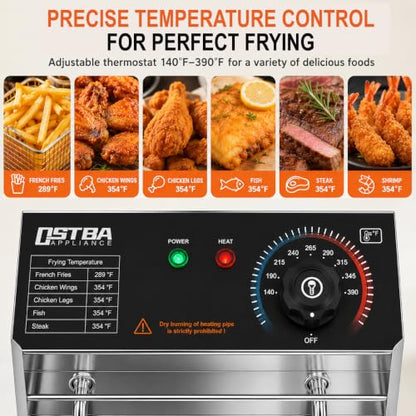 OSTBA Commercial Deep Fryer with Basket, 20.7QT Electric Deep Fryer, 3200W Stainless Steel Oil Fryer with Adjustable Temperature Control, Removable Oil Tank & Lid for Restaurant, Food Truck & Home