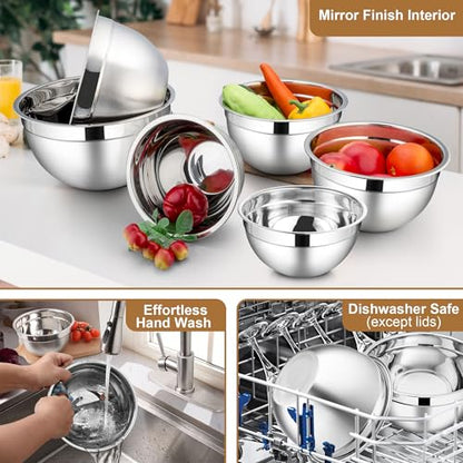 LIANYU 6 Piece Mixing Bowls with Lids Set, Size 7 & 3.5 & 2.5 & 2 & 1.5 & 1QT, Stainless Steel Cooking Serving Bowls, Metal Kitchen Nesting Bowl for Prepping & Food Storage, Dishwasher Safe, Khaki