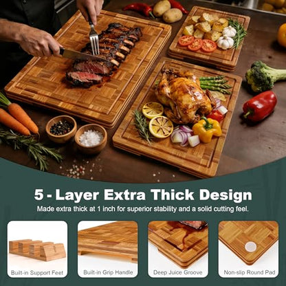 Extra Large Bamboo Cutting Boards, 3-Pack Heavy Duty Bamboo Cutting Boards Set with Juice Grooves & Non-Slip Feet – Extra Large Thick Wood Chopping Board for Meat, Fruits & More, Non-Toxic & Durable