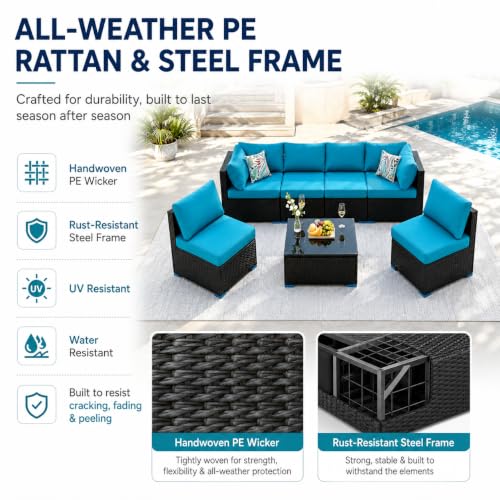 7 Piece Outdoor Sectional Patio Furniture Set with Coffee Table, Blue