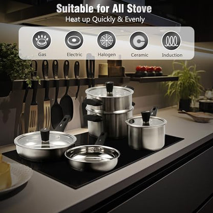 Meythway 14-Piece Stainless Steel Cookware Set for Induction Stovetops – Non-Toxic Pots & Pans with Stay-Cool Handles, Glass Lids, Steamer, Pot Mats & Utensils – Dishwasher Safe Kitchen Cookware