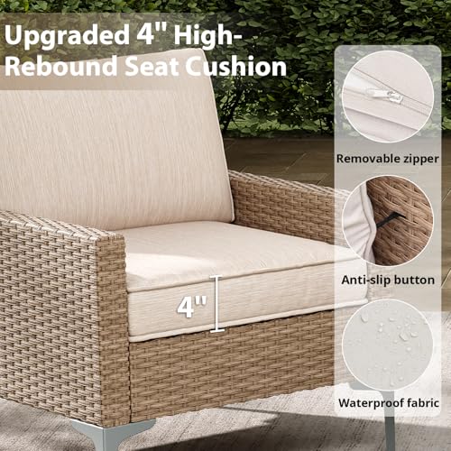 Jing's Villa 4-Piece Outdoor Sectional Sofa Set, All-Weather Wicker Patio Furniture with L/R armrest & Tempered Glass Table, Comfortable Garden Conversation Set for Backyard, Poolside, Deck,Beige