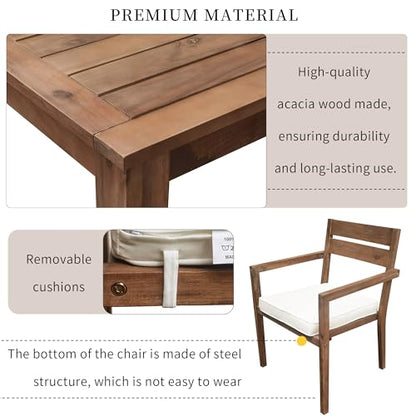 Hlcodca 7 Piece Patio Dining Table Set with Removable Cushion, Outdoor Acacia Wood Furniture Set for Garden, Backyard, Lawn, Poolside (A-Burly Wood)