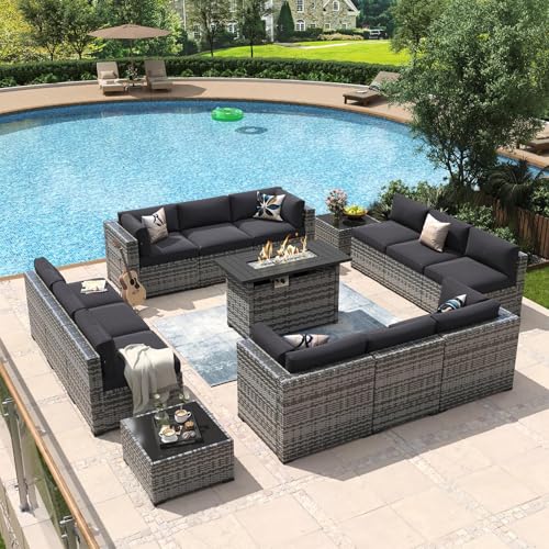 Aoxun 15 Piece Patio Furniture Set with Fire Pit Table Wicker Rattan