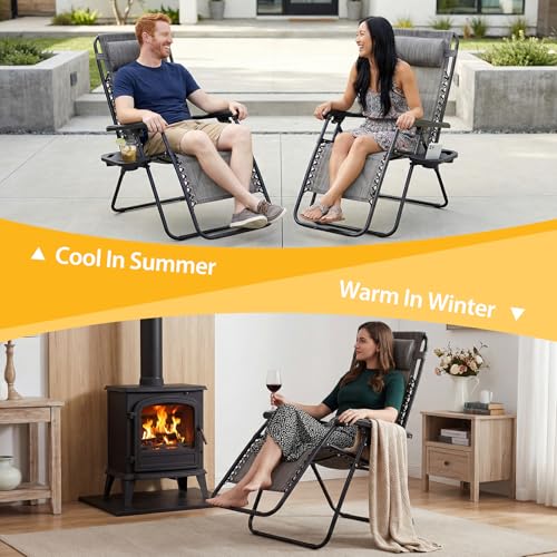 NEWBULIG Zero Gravity Chair Set of 2, Lounge Chair Folding Portable Adjustable Camping Reclining Chairs with Adjustable Pollow, Mesh Back, Cup Holder Trays Lawn Patio Chair for Pool Beach - Grey