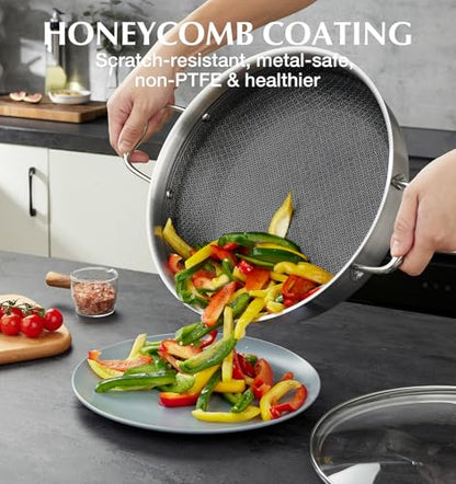 KOCH SYSTEME CS Triply Stainless Steel Saute Pan 12 Inch, Nonstick Hybird Stainless Steel Saute Pan with Lid, 6 Quart Deep Frying Pan with Honeycomb Interior, 18/10 Steel Pans, Induction Compatible