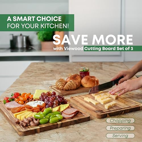 VieWood Acacia Wood Cutting Board Set of 3 for Kitchen, Serving, Charcuterie and Food Prep, Pre-Oiled Wooden Boards with Juice Groove (17x12, 12x10, 12x7 Inch)
