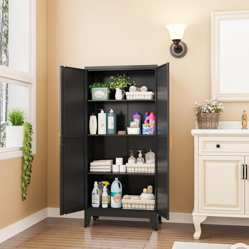 GAIOUS Metal Storage Cabinet With 2 Doors and 3 Adjustable Shelves, Black Kitchen Pantry for Food, Utility Cabinet for Laundry Room, Cupboard