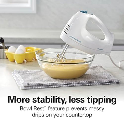 Hamilton Beach 6-Speed Electric Hand Mixer with Whisk, Traditional Beaters, Snap-On Storage Case, 250 Watts, White