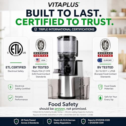 VITAPLUS Cold Press Juicer with Stainless Steel Auger，High Juice Yield Slow Masticating Juicer for Juice & Nut Milk, Lab-Certified Food-Safe, AC Motor, 5.8" Whole-Fruit Chute, BPA-Free,Easy Clean