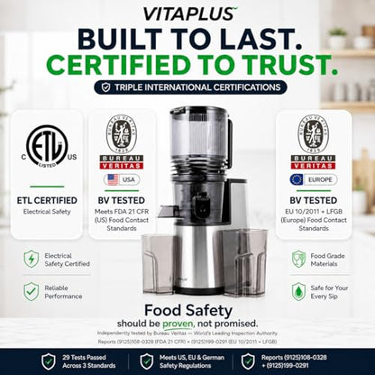 VITAPLUS Cold Press Juicer with Stainless Steel Auger，High Juice Yield Slow Masticating Juicer for Juice & Nut Milk, Lab-Certified Food-Safe, AC Motor, 5.8" Whole-Fruit Chute, BPA-Free,Easy Clean