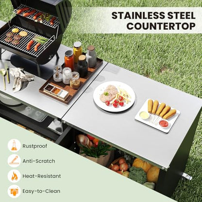 Happygrill 80” Outdoor Grill Table with Sink & Drainage, Heavy Duty Metal Grill Cart w/Cabinet & Removable Stainless Steel Top, Portable Prep Cooking Table w/Wheels for BBQ, Patio, Camping & Backyard
