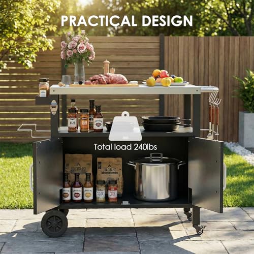 LIFERUN Outdoor Grill Cart with Stainless Steel Top, XL Outdoor Kitchen Island with Storage Cabinet, Prep Station with 2 Lockable Wheels and 4 Hooks for BBQ Food Prep & Outside Dining, 23" x 41"