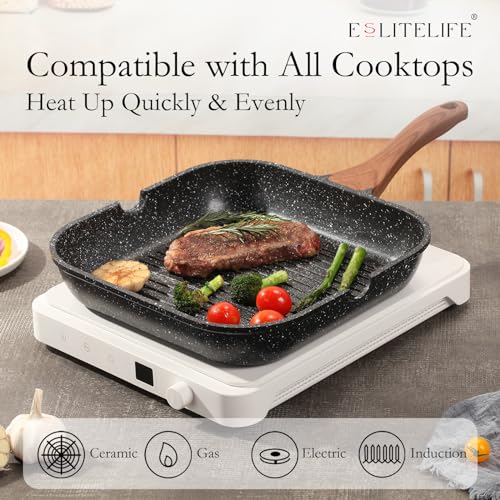 ESLITE LIFE 11 Inch Nonstick Grill Pan with Lid for Indoor Cooking, Versatile Induction Square Large Grilling Skillet Steak Pan for Stove Tops, PTFE & PFOA Free, Black